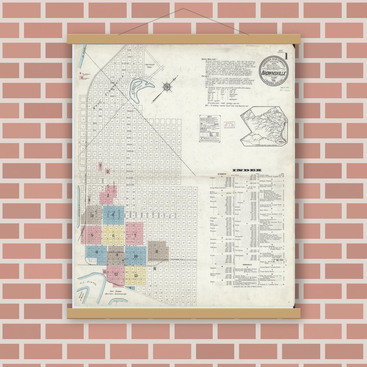 Old map wall art mockup — magnetic wood frame on brick wall — Sanborn Fire Insurance Map from Brownsville, Cameron County, Texas (1914) - Complete Map Set