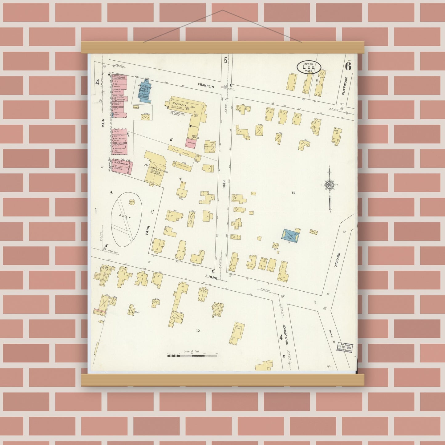 Old map wall art mockup — magnetic wood frame on brick wall — Sanborn Fire Insurance Map from Lee, Berkshire County, Massachusetts (1911), Sheet #0006