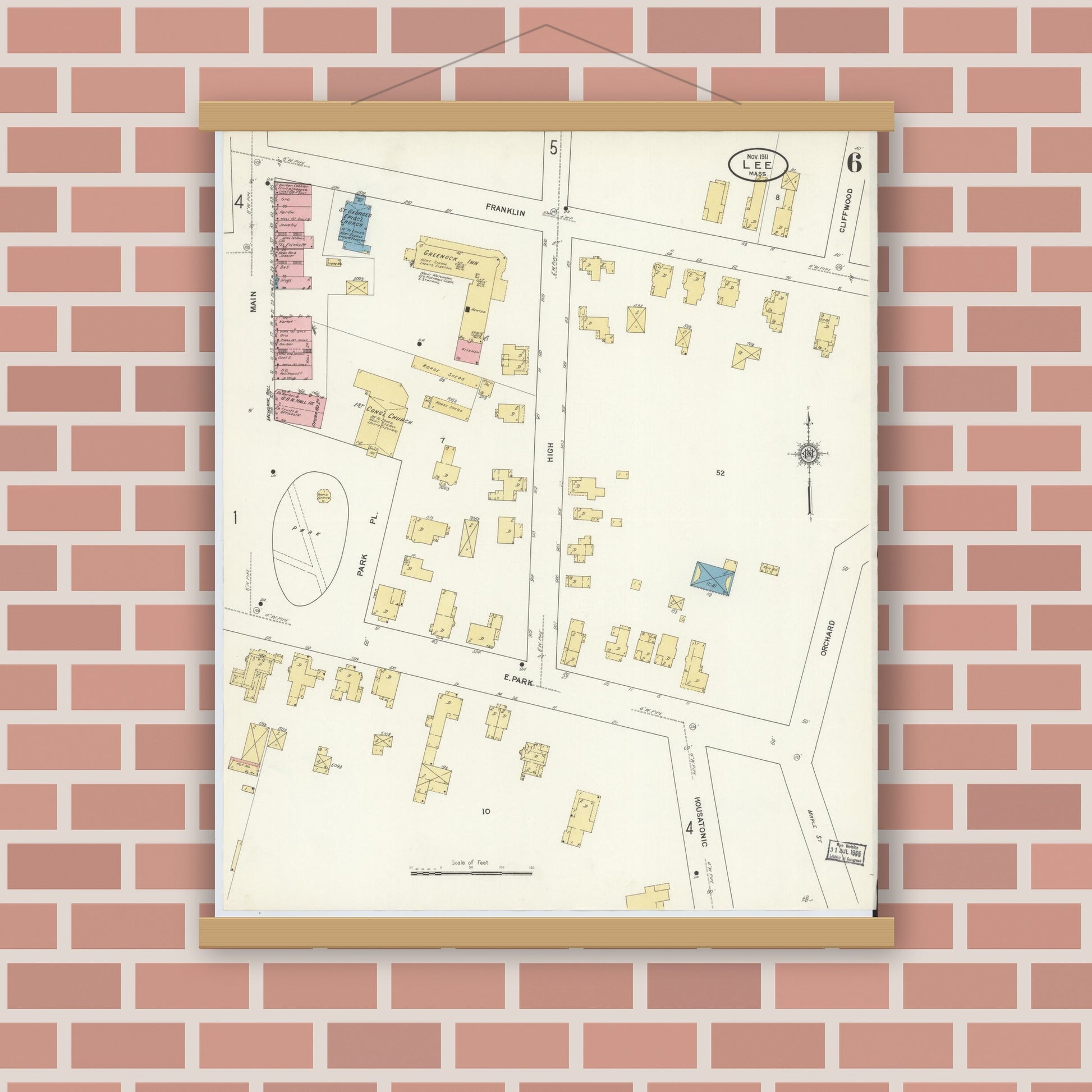 Old map wall art mockup — magnetic wood frame on brick wall — Sanborn Fire Insurance Map from Lee, Berkshire County, Massachusetts (1911), Sheet #0006