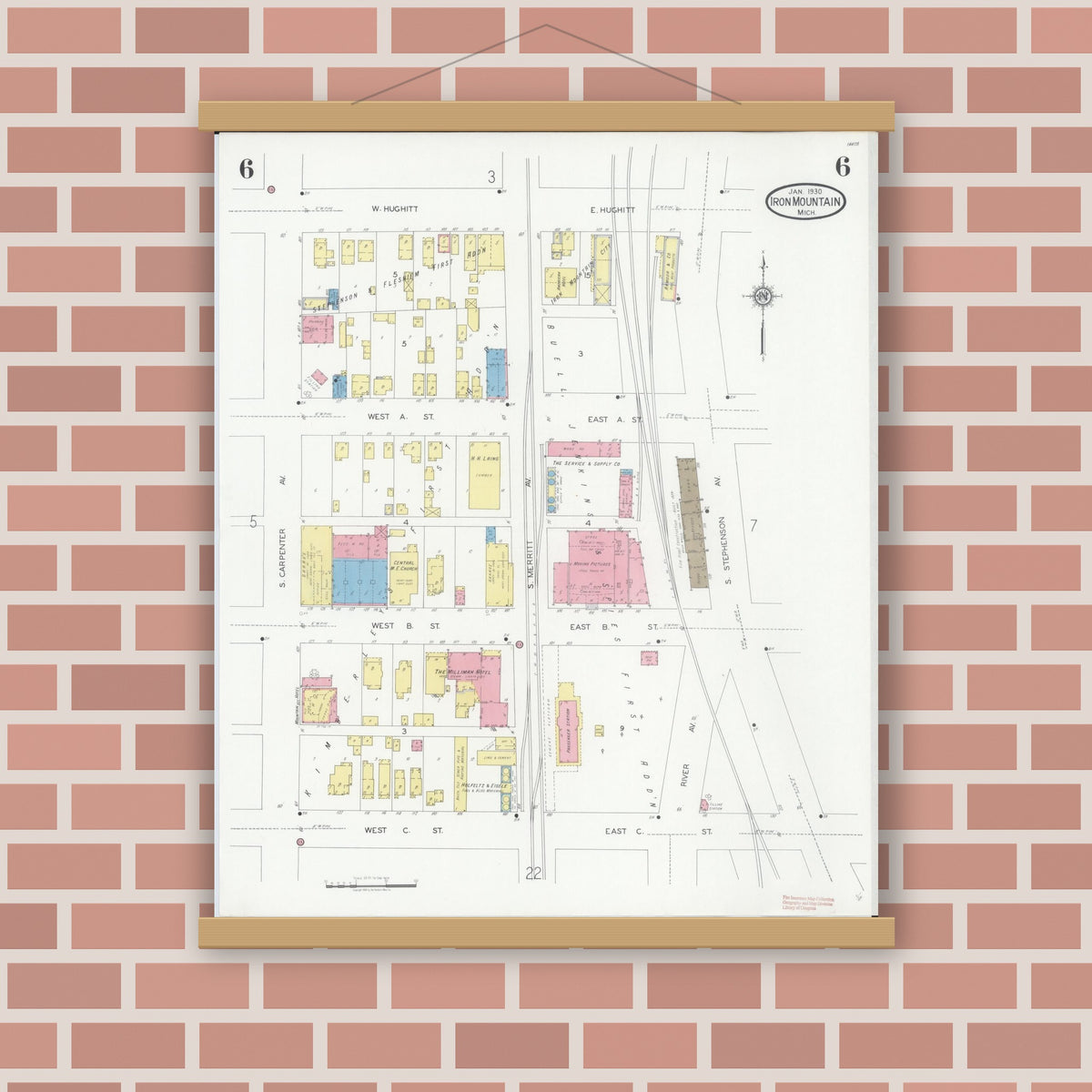 Old map wall art mockup — magnetic wood frame on brick wall — Sanborn Fire Insurance Map from Iron Mountain, Dickinson County, Michigan (1930), Sheet #0006
