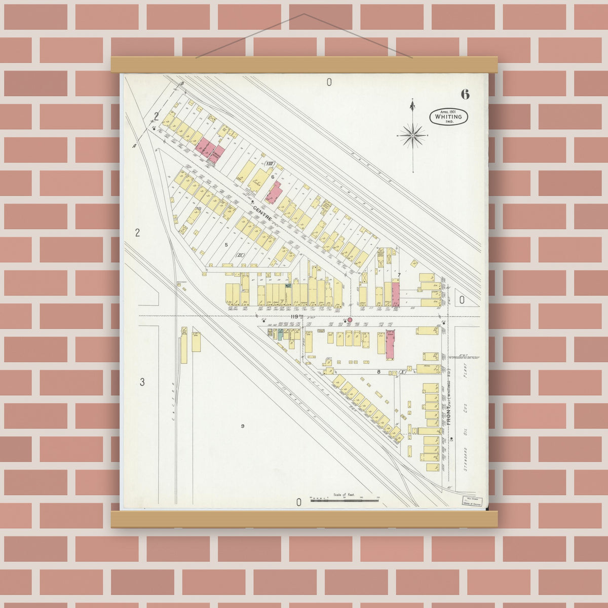 Old map wall art mockup — magnetic wood frame on brick wall — Sanborn Fire Insurance Map from Whiting, Lake County, Indiana (1901), Sheet #0006
