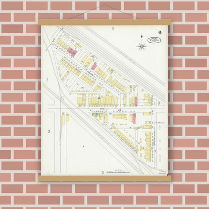 Old map wall art mockup — magnetic wood frame on brick wall — Sanborn Fire Insurance Map from Whiting, Lake County, Indiana (1901), Sheet #0006