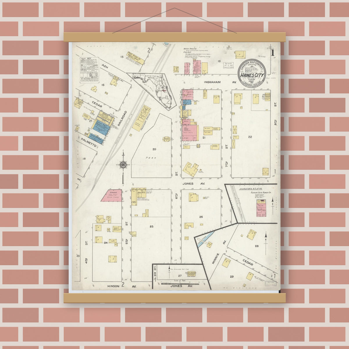 Old map wall art mockup — magnetic wood frame on brick wall — Sanborn Fire Insurance Map from Haines City, Polk County, Florida (1917), Sheet #0001