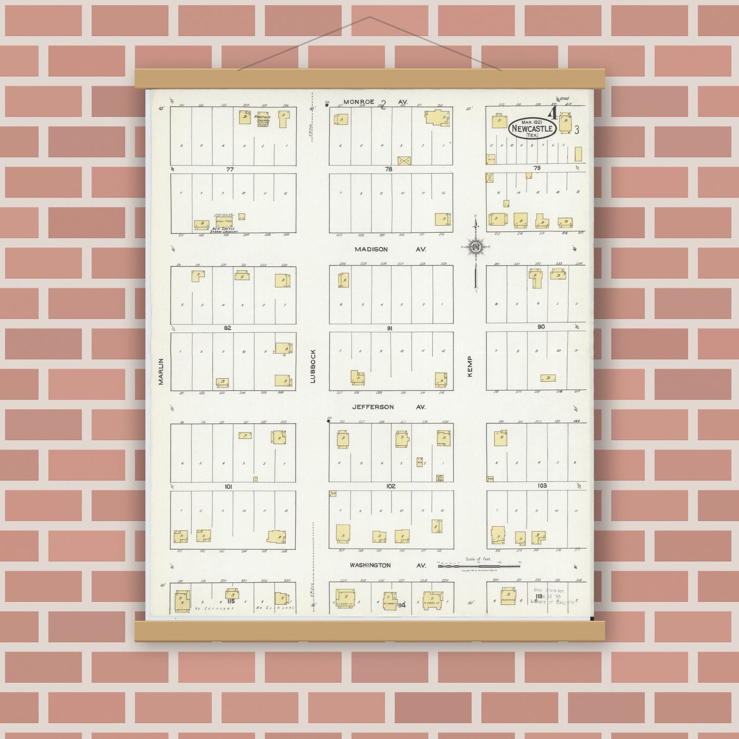 Old map wall art mockup — magnetic wood frame on brick wall — Sanborn Fire Insurance Map from Newcastle, Young County, Texas (1921), Sheet #0004