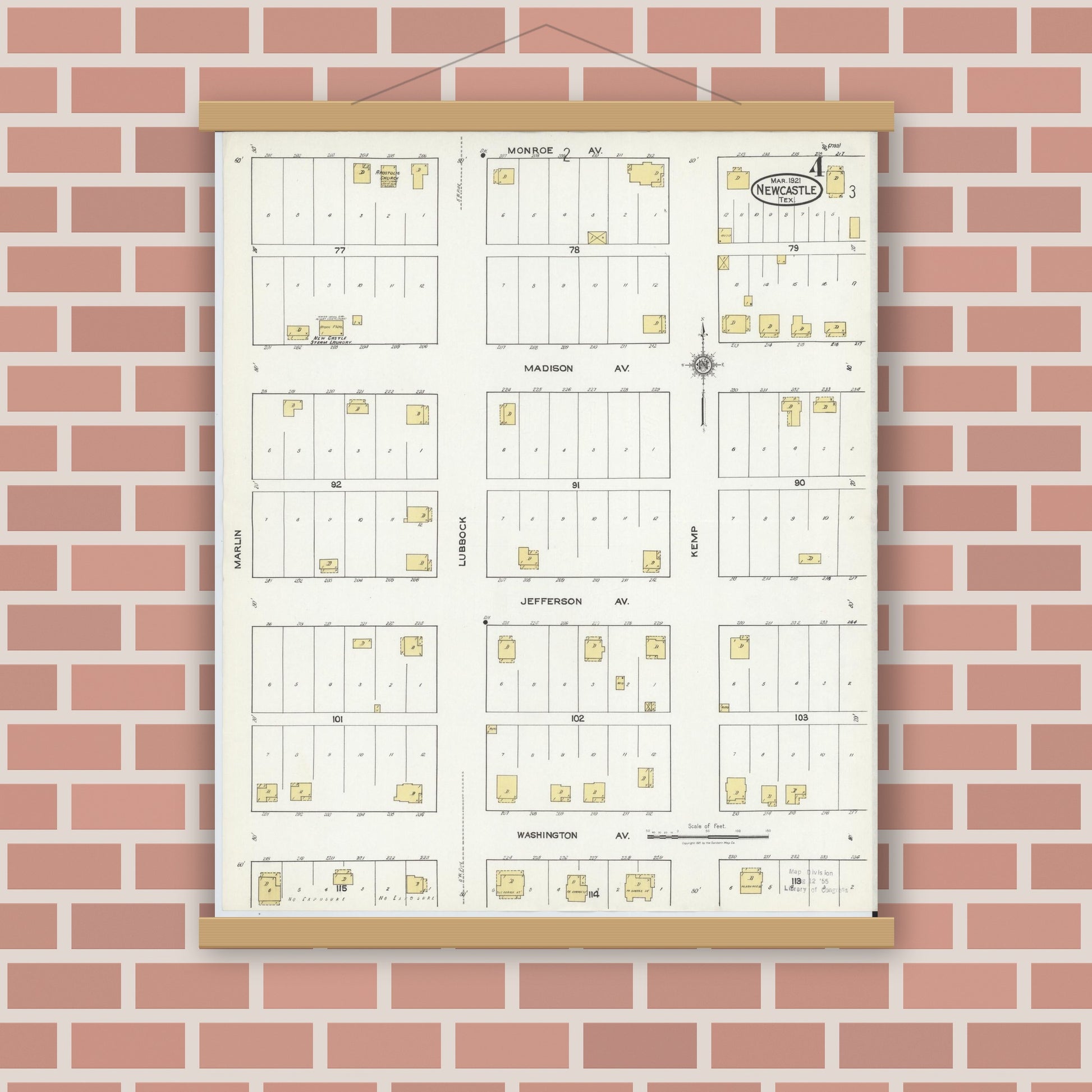 Old map wall art mockup — magnetic wood frame on brick wall — Sanborn Fire Insurance Map from Newcastle, Young County, Texas (1921), Sheet #0004