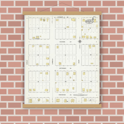 Old map wall art mockup — magnetic wood frame on brick wall — Sanborn Fire Insurance Map from Newcastle, Young County, Texas (1921), Sheet #0004