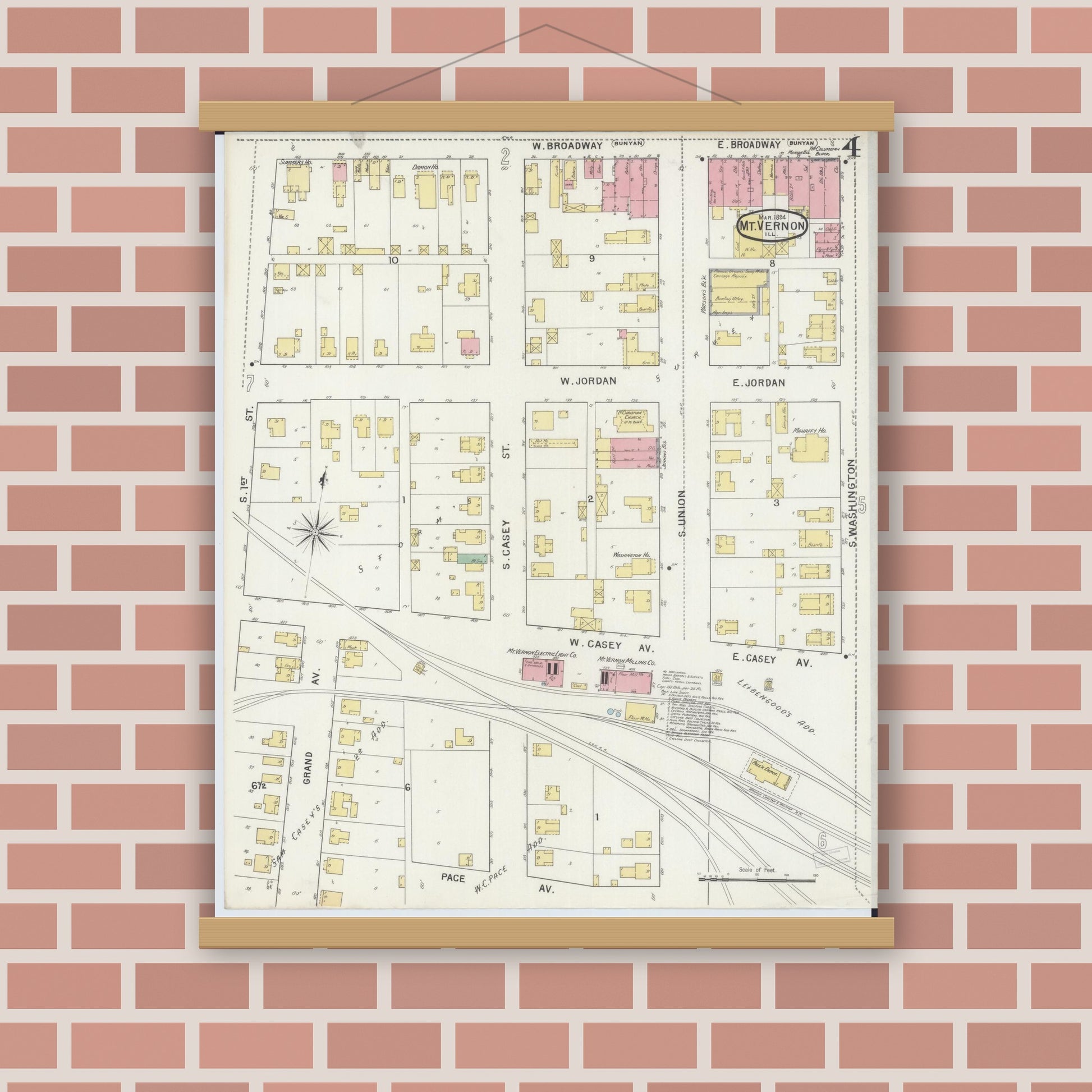 Old map wall art mockup — magnetic wood frame on brick wall — Sanborn Fire Insurance Map from Mount Vernon, Jefferson County, Illinois (1894), Sheet #0004