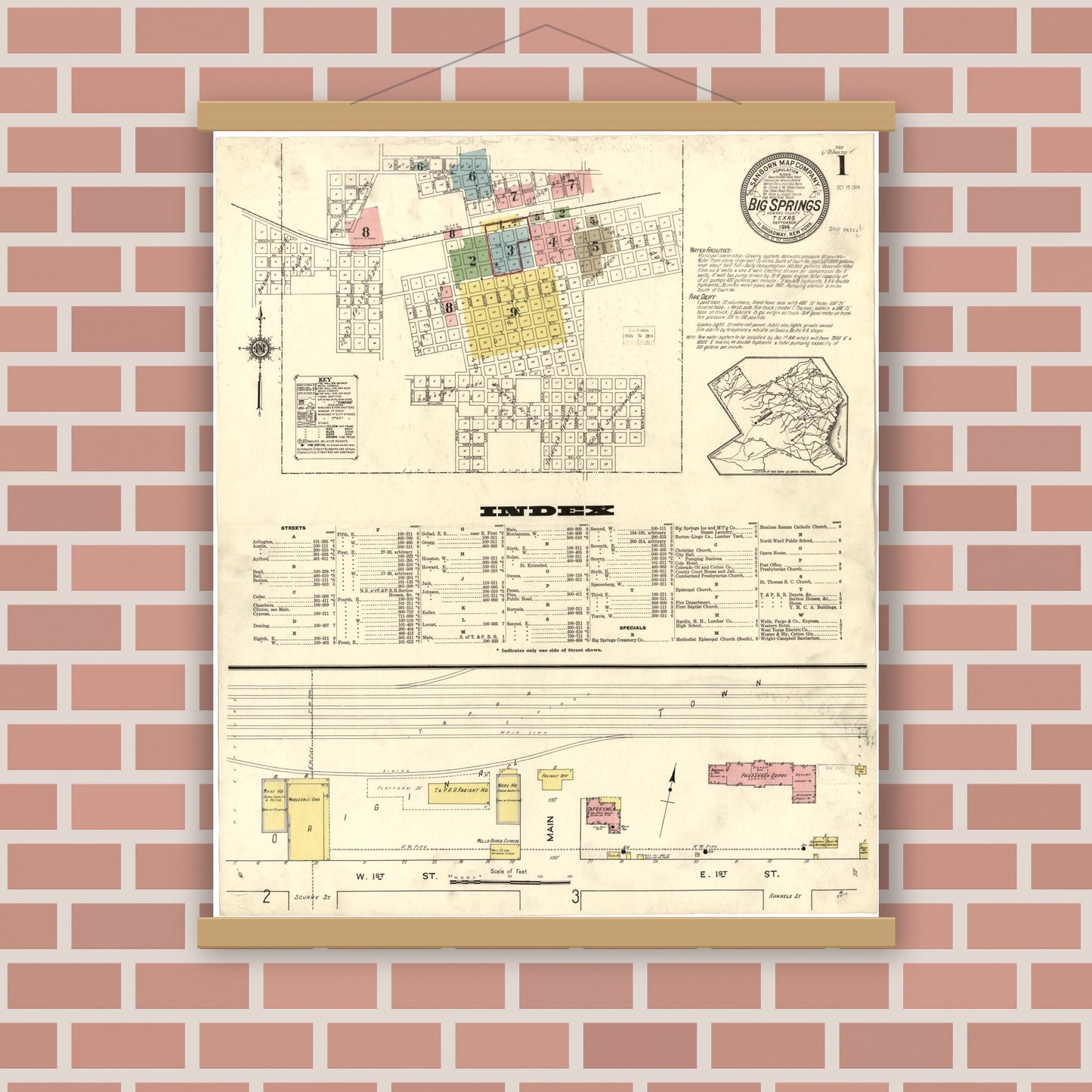 Old map wall art mockup — magnetic wood frame on brick wall — Sanborn Fire Insurance Map from Big Spring, Howard County, Texas (1914), Sheet #0001
