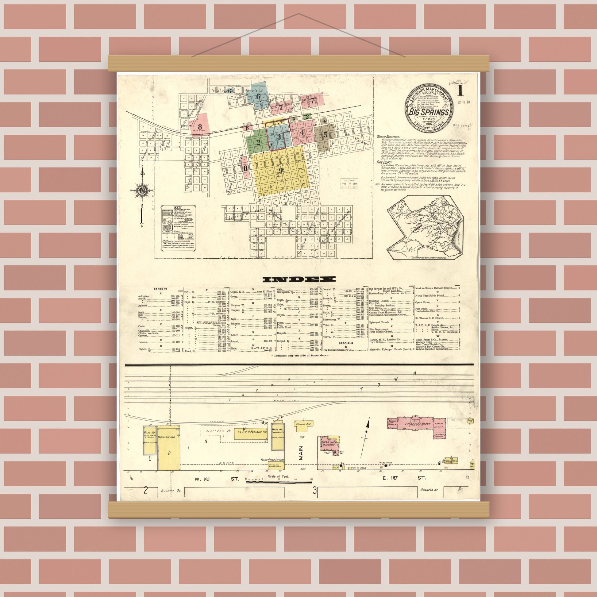 Old map wall art mockup — magnetic wood frame on brick wall — Sanborn Fire Insurance Map from Big Spring, Howard County, Texas (1914), Sheet #0001