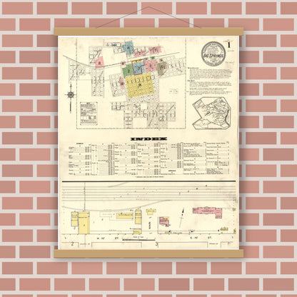 Old map wall art mockup — magnetic wood frame on brick wall — Sanborn Fire Insurance Map from Big Spring, Howard County, Texas (1914), Sheet #0001