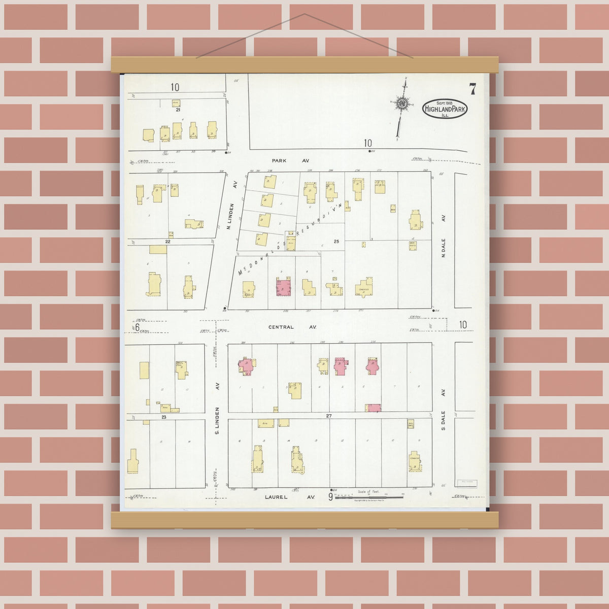 Old map wall art mockup — magnetic wood frame on brick wall — Sanborn Fire Insurance Map from Highland Park, Lake County, Illinois (1918), Sheet #0007
