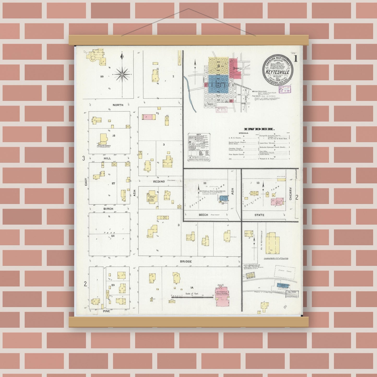 Old map wall art mockup — magnetic wood frame on brick wall — Sanborn Fire Insurance Map from Keytesville, Chariton County, Missouri (1909), Sheet #0001