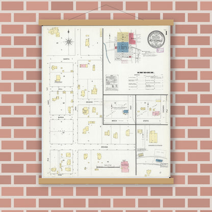 Old map wall art mockup — magnetic wood frame on brick wall — Sanborn Fire Insurance Map from Keytesville, Chariton County, Missouri (1909), Sheet #0001