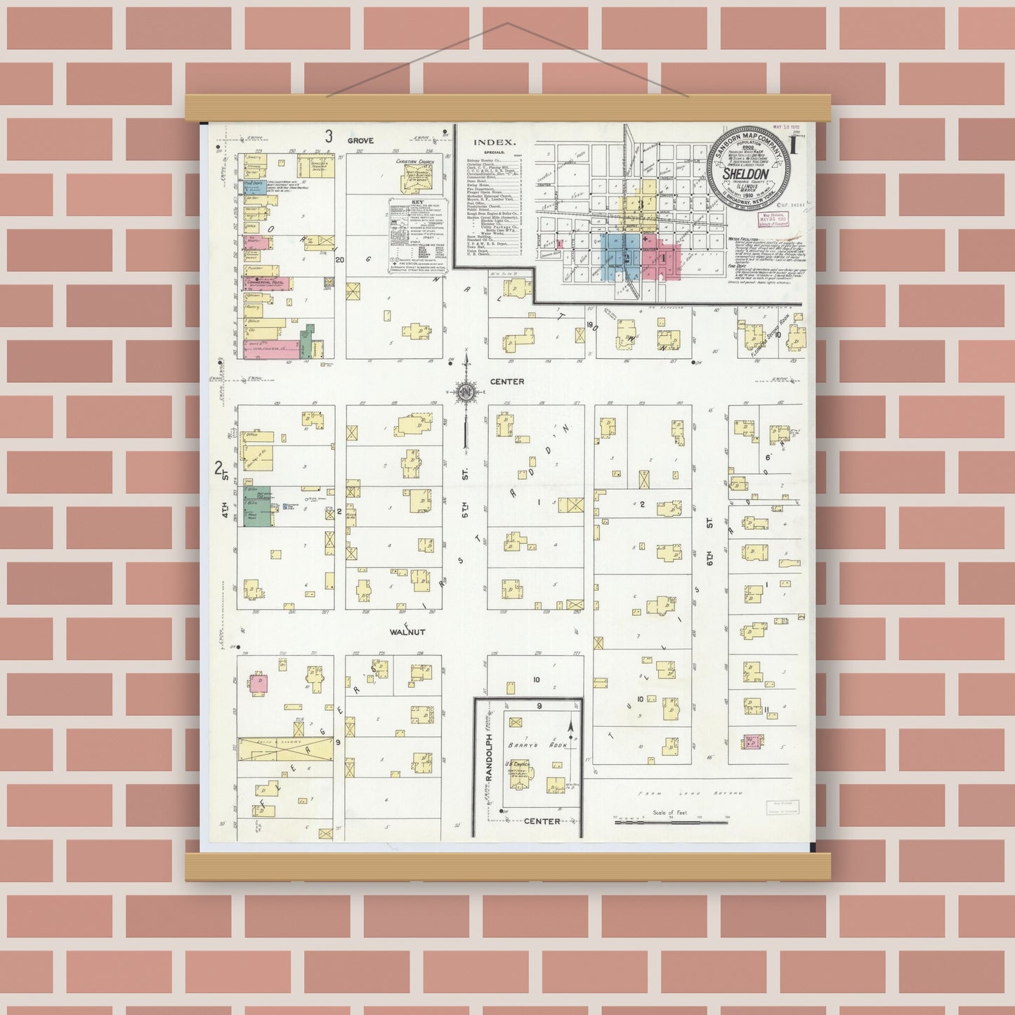 Old map wall art mockup — magnetic wood frame on brick wall — Sanborn Fire Insurance Map from Sheldon, Iroquois County, Illinois (1910), Sheet #0001