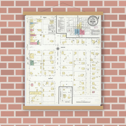 Old map wall art mockup — magnetic wood frame on brick wall — Sanborn Fire Insurance Map from Sheldon, Iroquois County, Illinois (1910), Sheet #0001