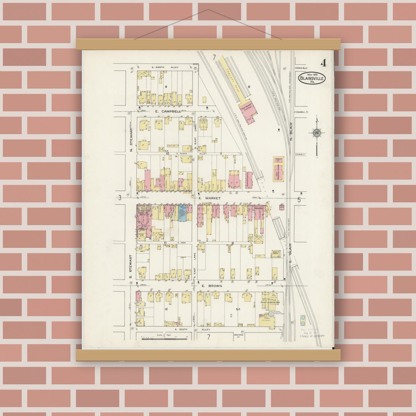 Old map wall art mockup — magnetic wood frame on brick wall — Sanborn Fire Insurance Map from Blairsville, Indiana County, Pennsylvania (1915), Sheet #0004