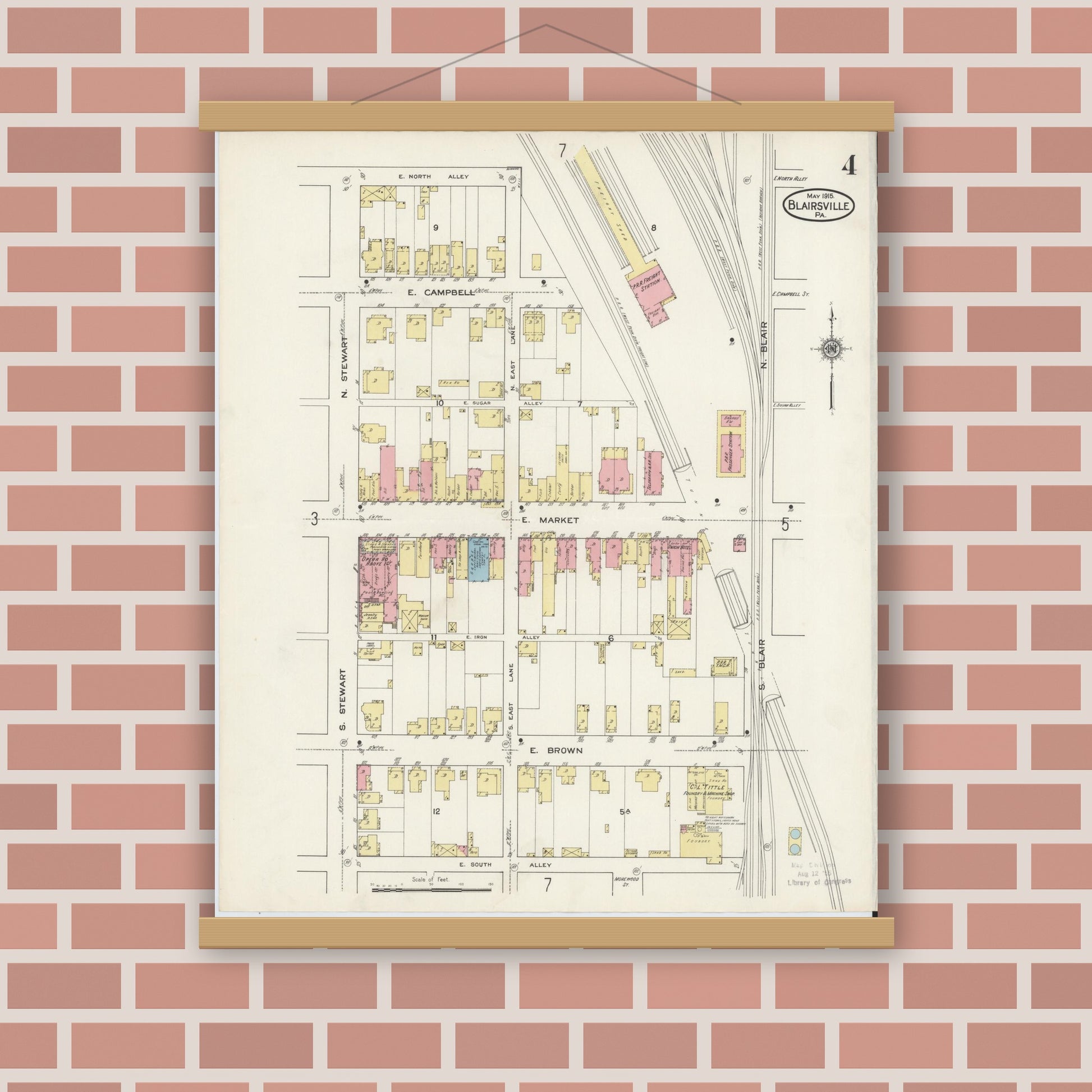 Old map wall art mockup — magnetic wood frame on brick wall — Sanborn Fire Insurance Map from Blairsville, Indiana County, Pennsylvania (1915), Sheet #0004