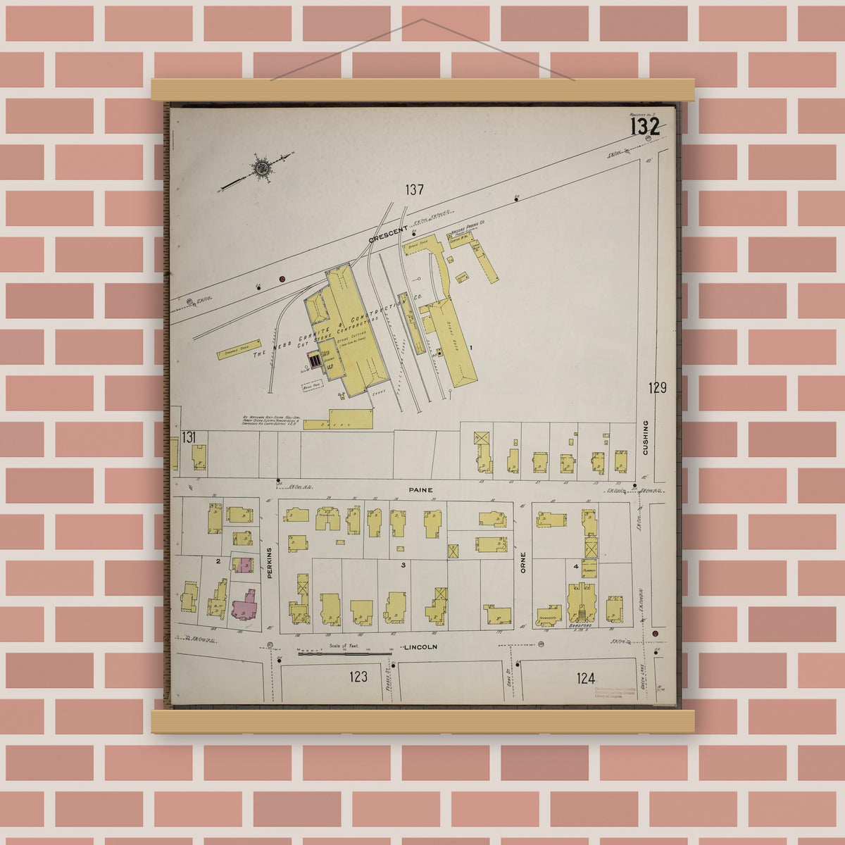 Old map wall art mockup — magnetic wood frame on brick wall — Sanborn Fire Insurance Map from Worcester, Worcester County, Massachusetts (1910), Sheet #0132
