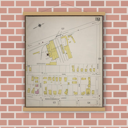 Old map wall art mockup — magnetic wood frame on brick wall — Sanborn Fire Insurance Map from Worcester, Worcester County, Massachusetts (1910), Sheet #0132
