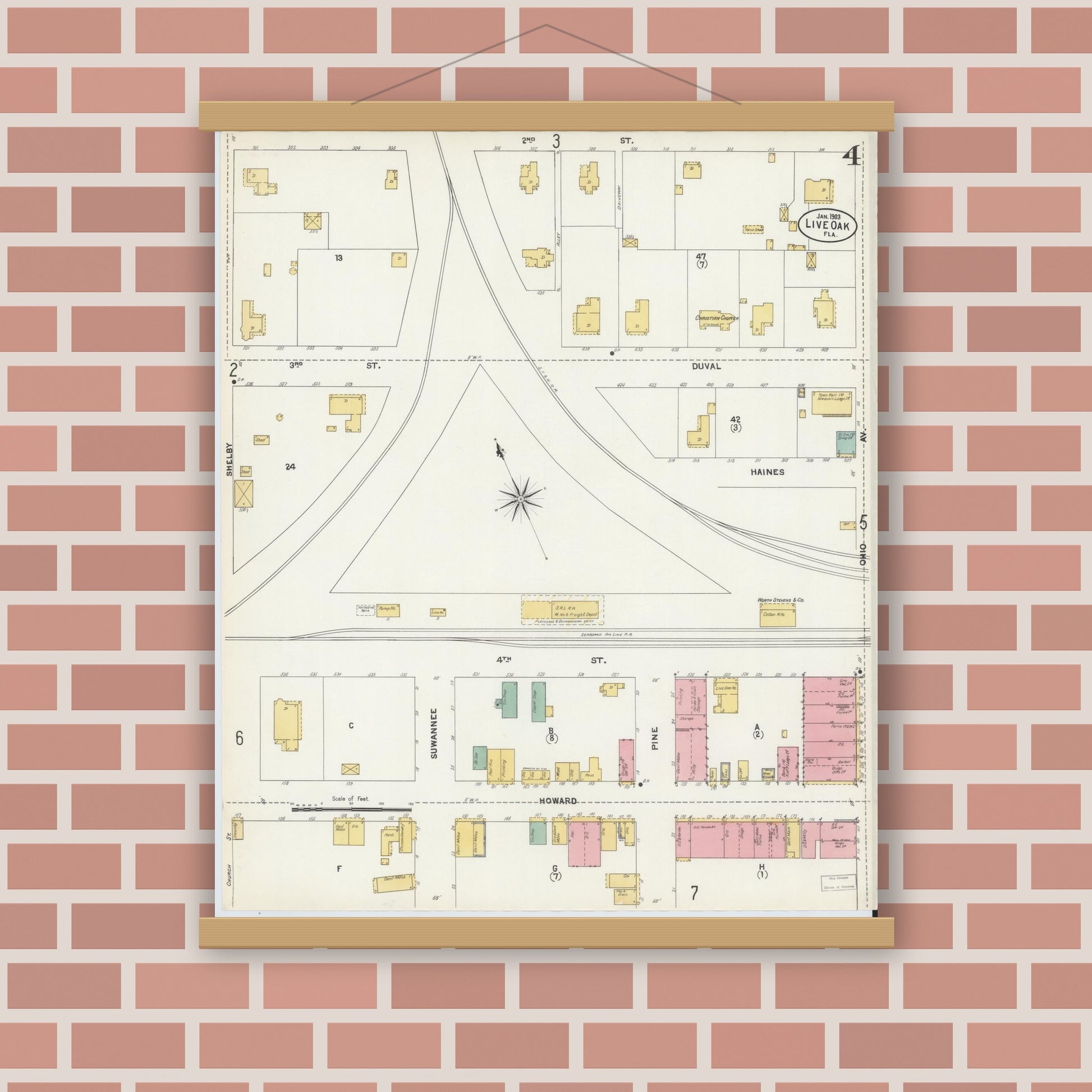 Old map wall art mockup — magnetic wood frame on brick wall — Sanborn Fire Insurance Map from Live Oak, Suwanee County, Florida (1903), Sheet #0004