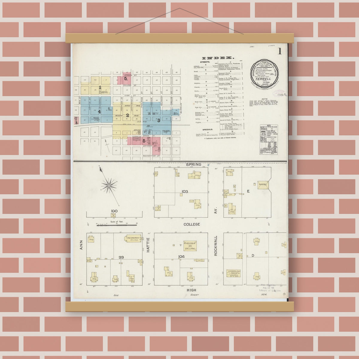 Old map wall art mockup — magnetic wood frame on brick wall — Sanborn Fire Insurance Map from Terrell, Kaufman County, Texas (1888), Sheet #0001