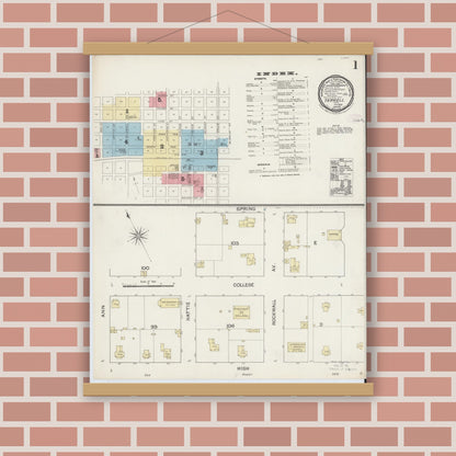 Old map wall art mockup — magnetic wood frame on brick wall — Sanborn Fire Insurance Map from Terrell, Kaufman County, Texas (1888), Sheet #0001