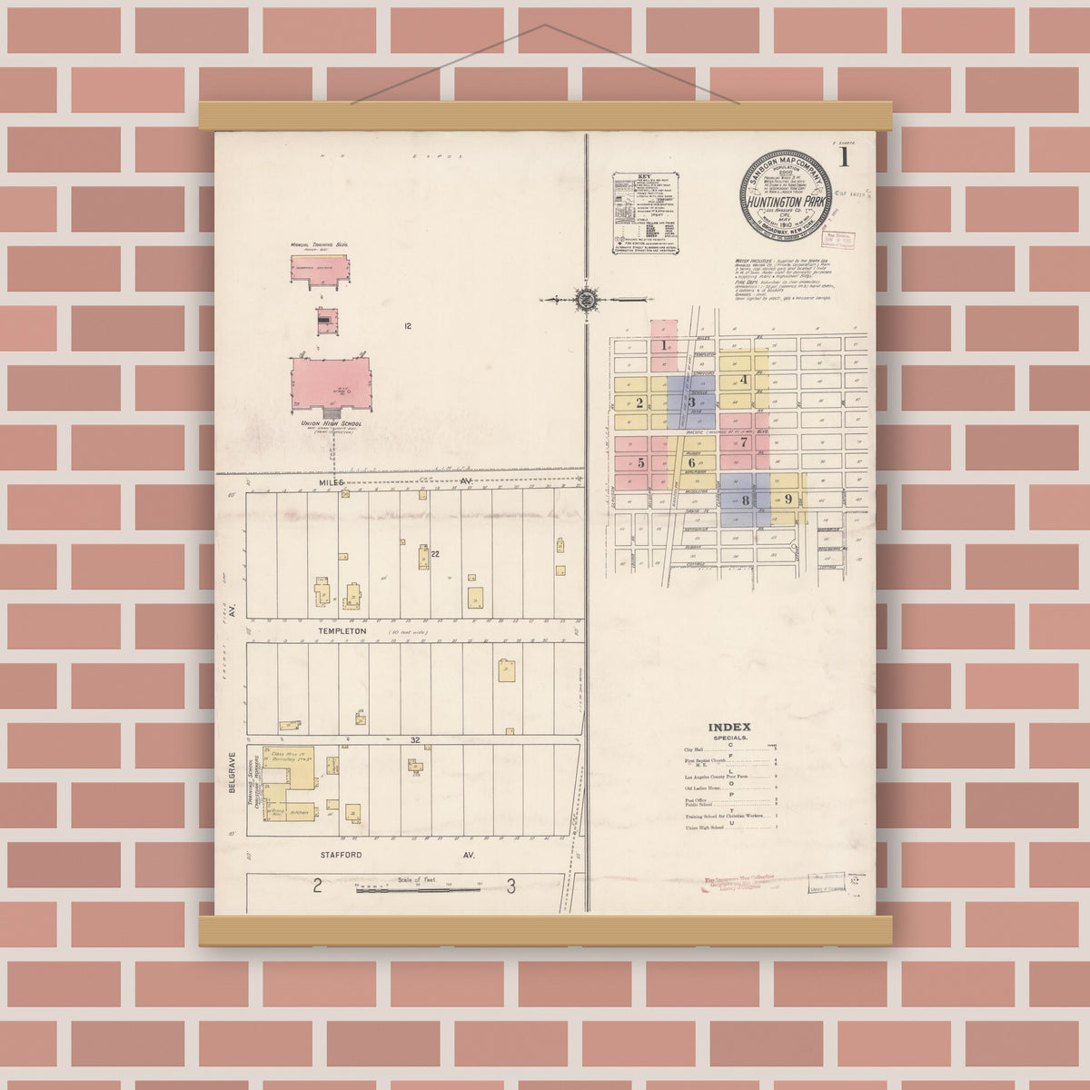 Old map wall art mockup — magnetic wood frame on brick wall — Sanborn Fire Insurance Map from Huntington Park, Los Angeles County, California (1910) - Complete Map Set