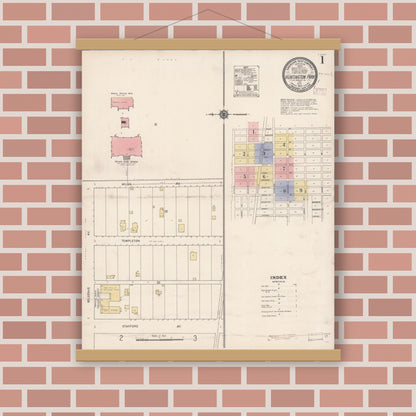 Old map wall art mockup — magnetic wood frame on brick wall — Sanborn Fire Insurance Map from Huntington Park, Los Angeles County, California (1910) - Complete Map Set