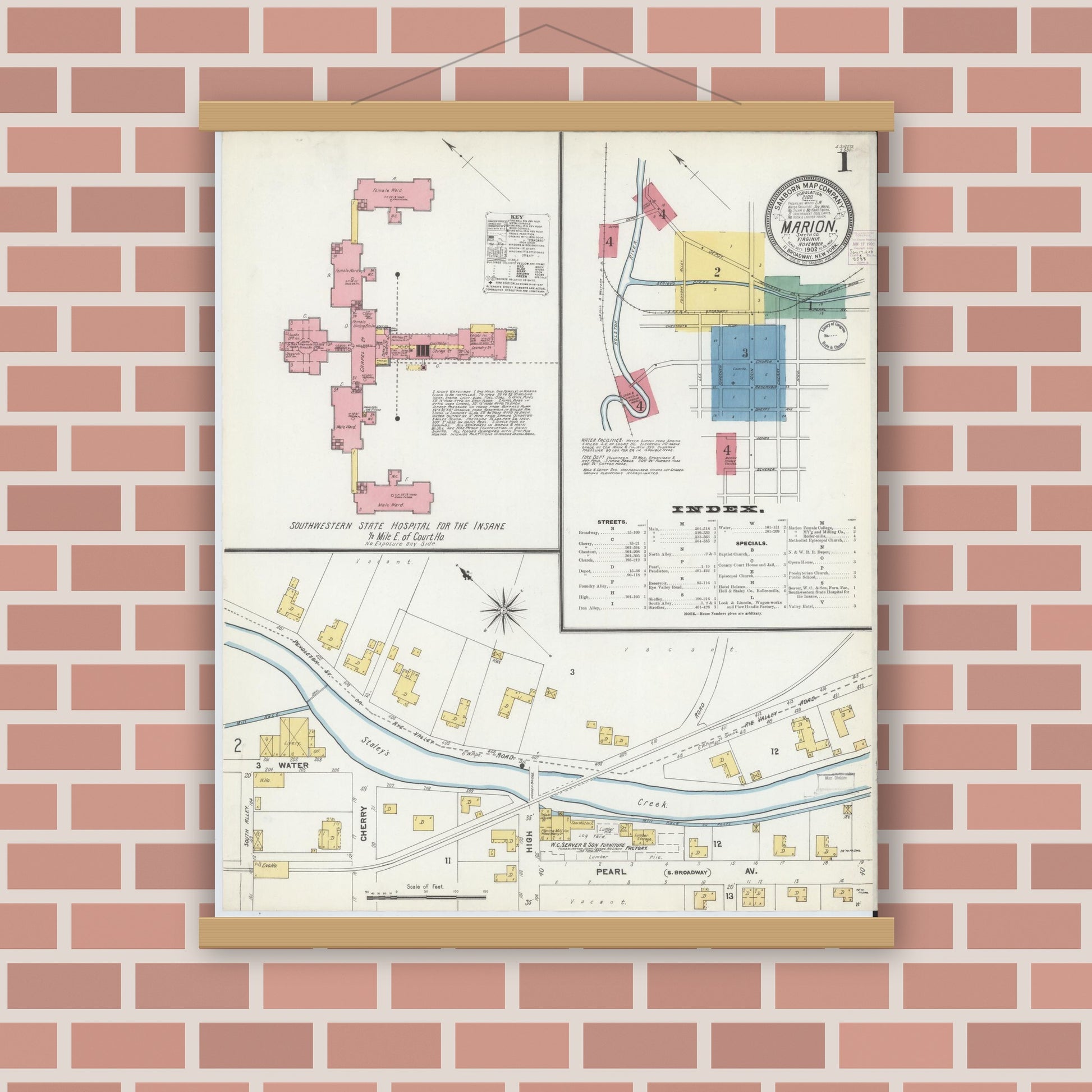 Old map wall art mockup — magnetic wood frame on brick wall — Sanborn Fire Insurance Map from Marion, Smyth County, Virginia (1902) - Complete Map Set