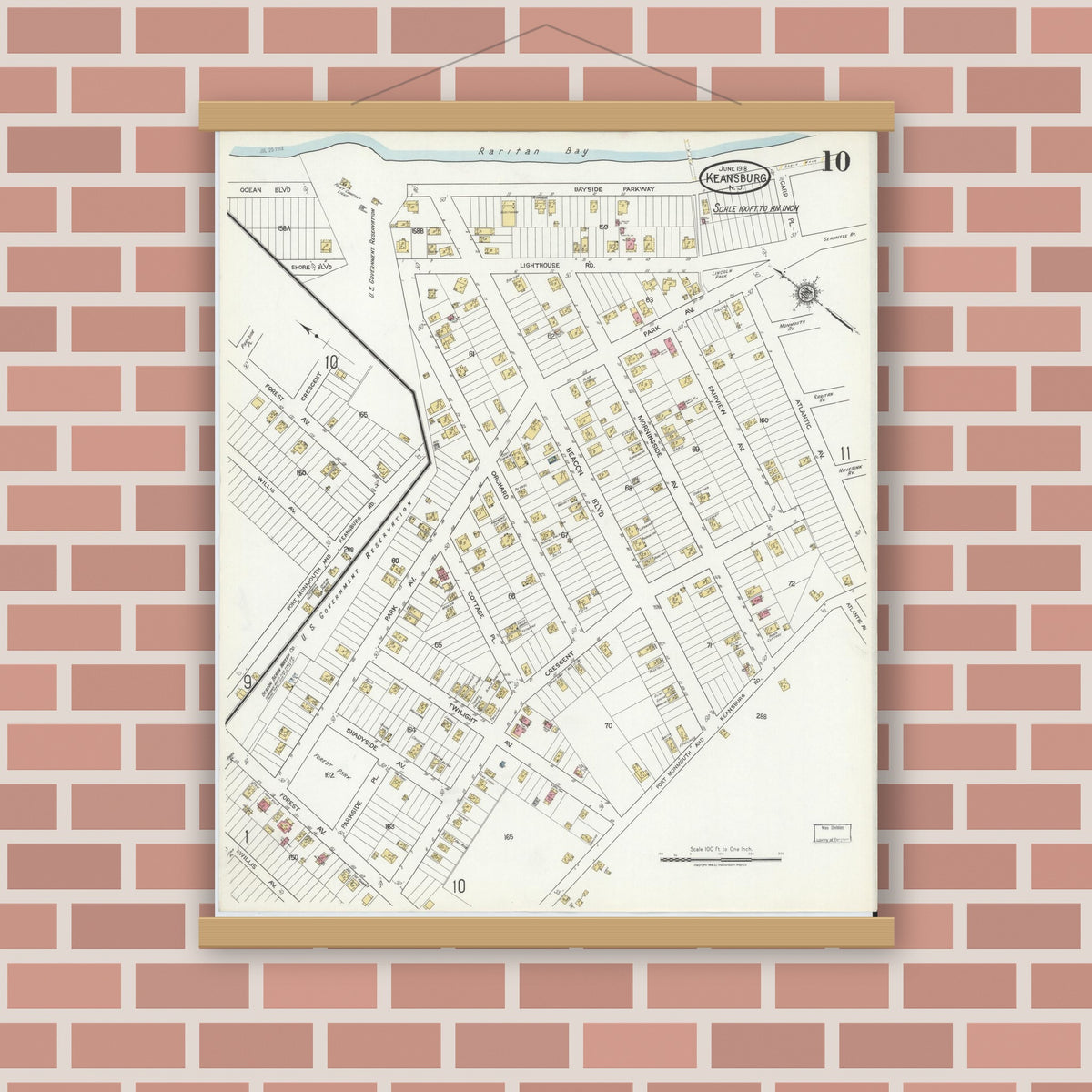 Old map wall art mockup — magnetic wood frame on brick wall — Sanborn Fire Insurance Map from Keansburg, Monmouth County, New Jersey (1918), Sheet #0010
