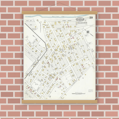 Old map wall art mockup — magnetic wood frame on brick wall — Sanborn Fire Insurance Map from Keansburg, Monmouth County, New Jersey (1918), Sheet #0010