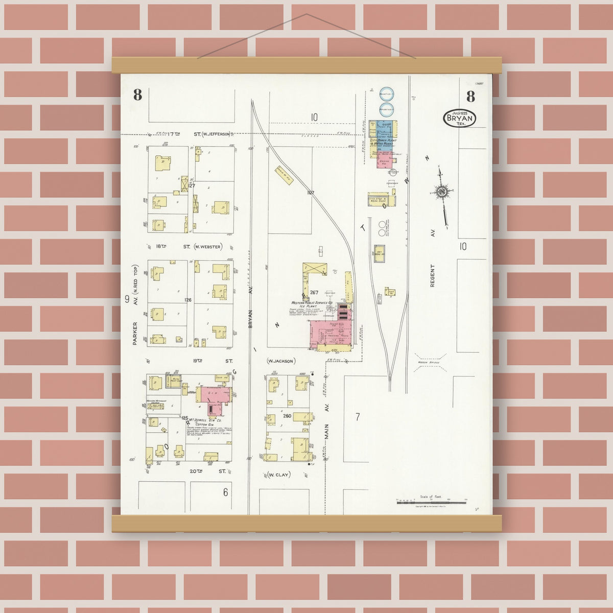 Old map wall art mockup — magnetic wood frame on brick wall — Sanborn Fire Insurance Map from Bryan, Brazos County, Texas (1925), Sheet #0008