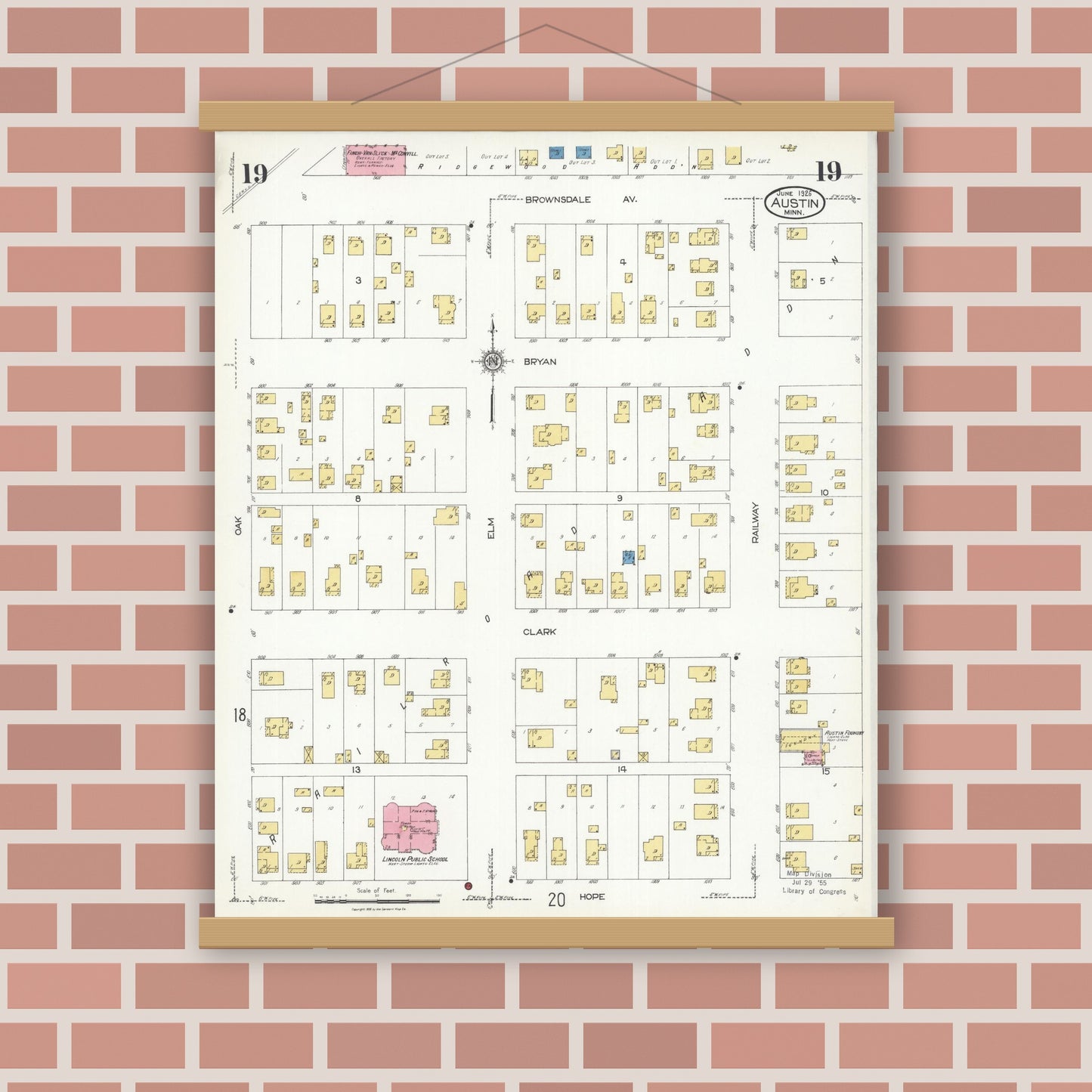 Old map wall art mockup — magnetic wood frame on brick wall — Sanborn Fire Insurance Map from Austin, Mower County, Minnesota (1926), Sheet #0019