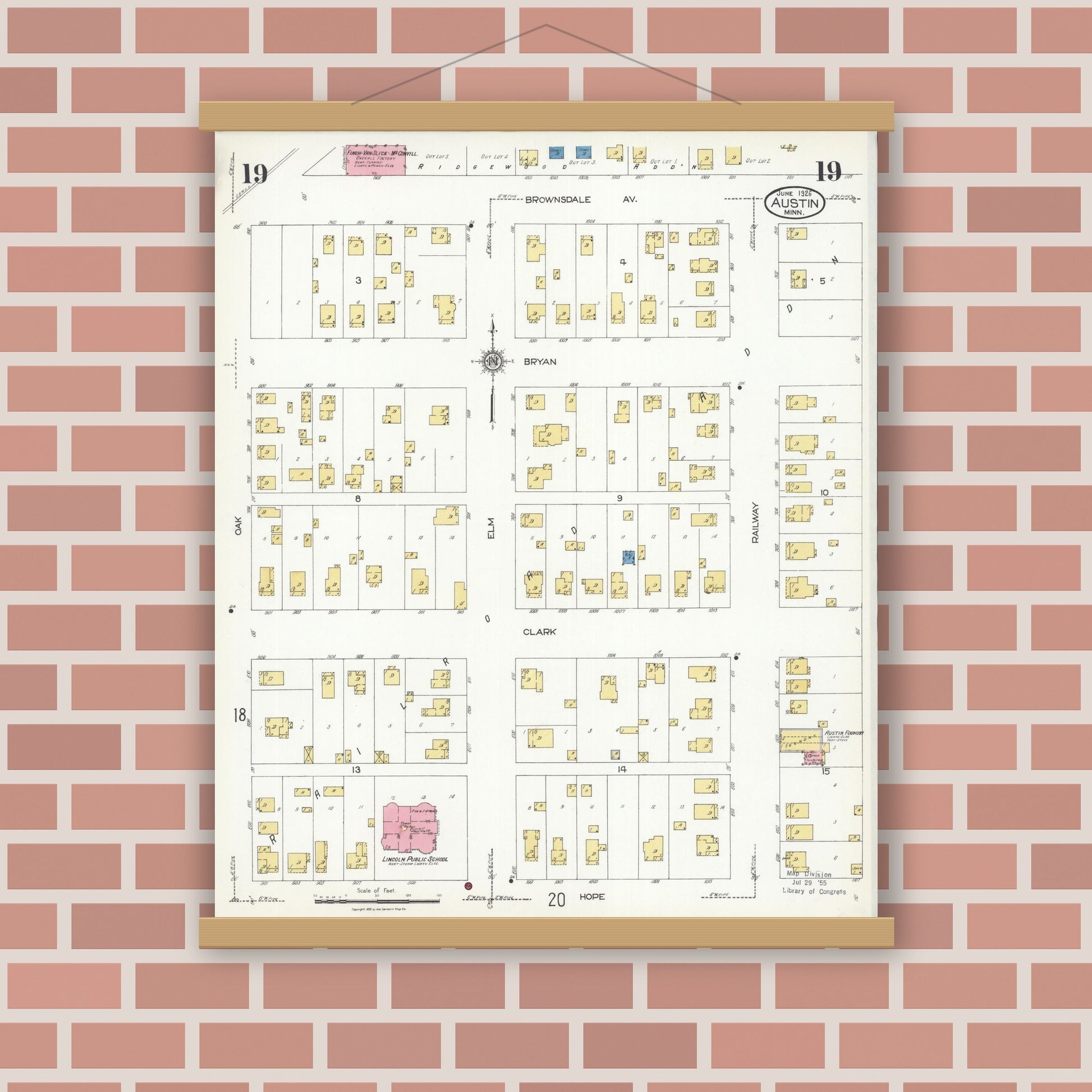 Old map wall art mockup — magnetic wood frame on brick wall — Sanborn Fire Insurance Map from Austin, Mower County, Minnesota (1926), Sheet #0019