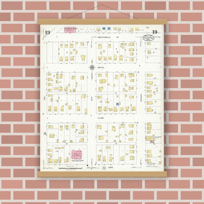 Old map wall art mockup — magnetic wood frame on brick wall — Sanborn Fire Insurance Map from Austin, Mower County, Minnesota (1926), Sheet #0019