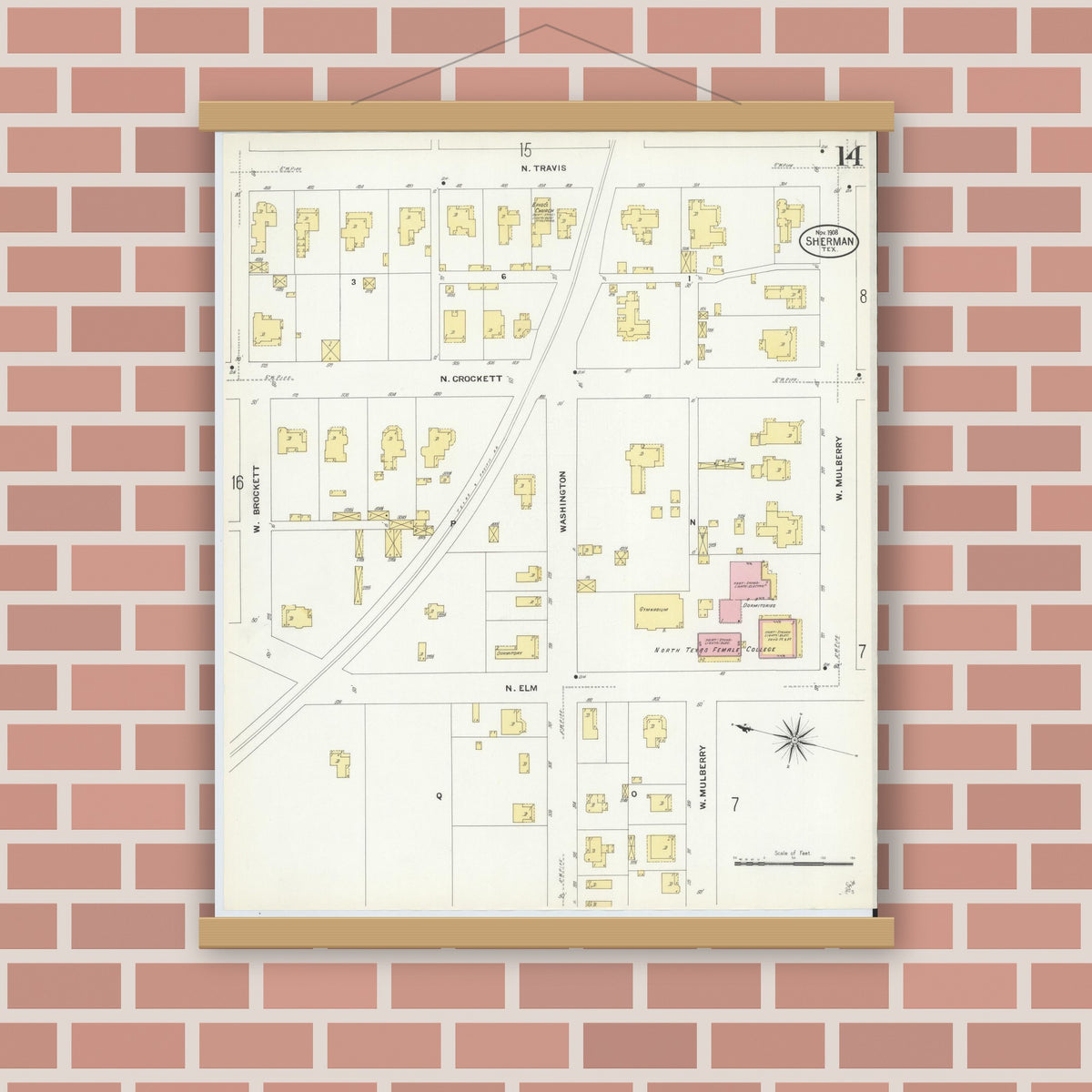 Old map wall art mockup — magnetic wood frame on brick wall — Sanborn Fire Insurance Map from Sherman, Grayson County, Texas (1908), Sheet #0014