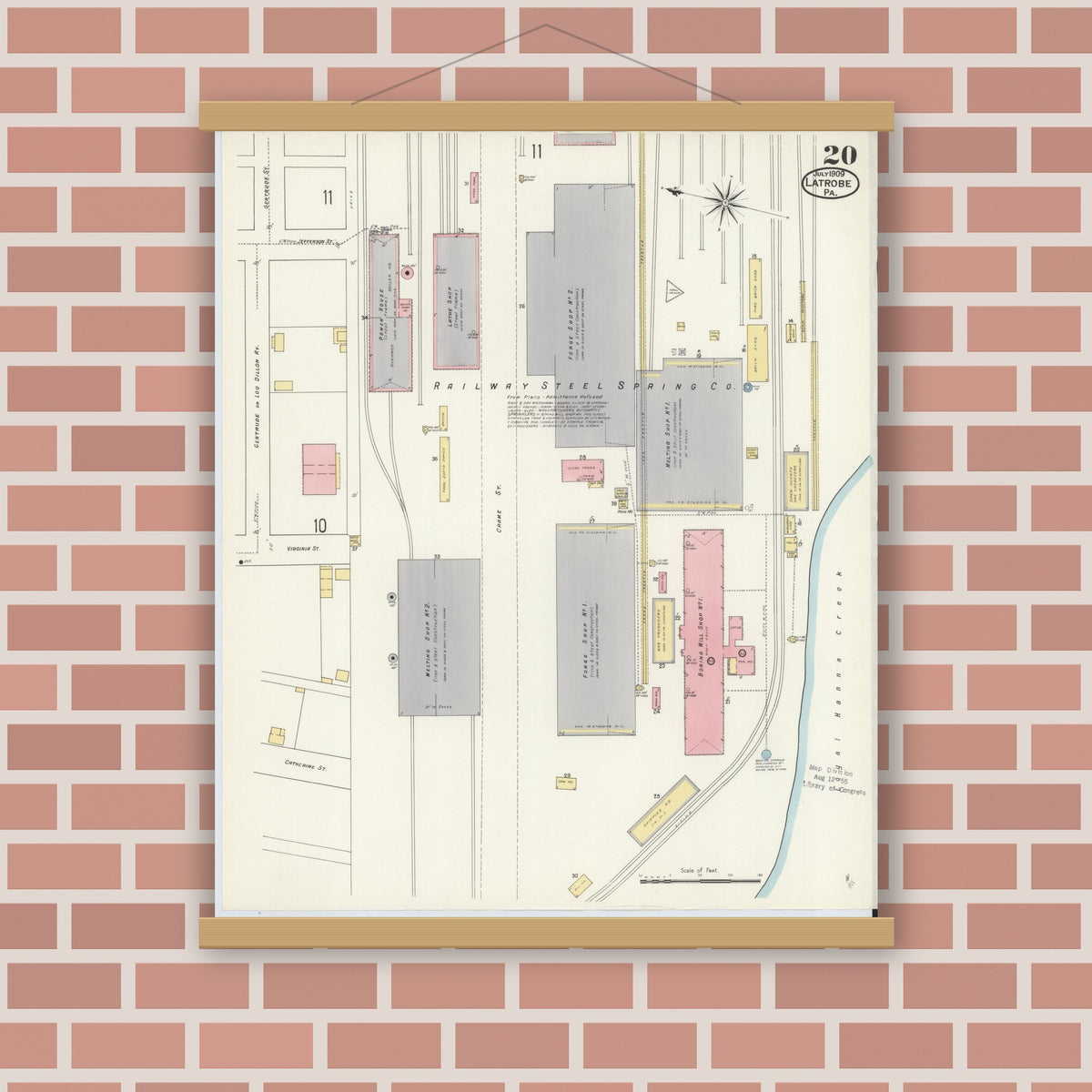 Old map wall art mockup — magnetic wood frame on brick wall — Sanborn Fire Insurance Map from Latrobe, Westmoreland County, Pennsylvania (1909), Sheet #0020
