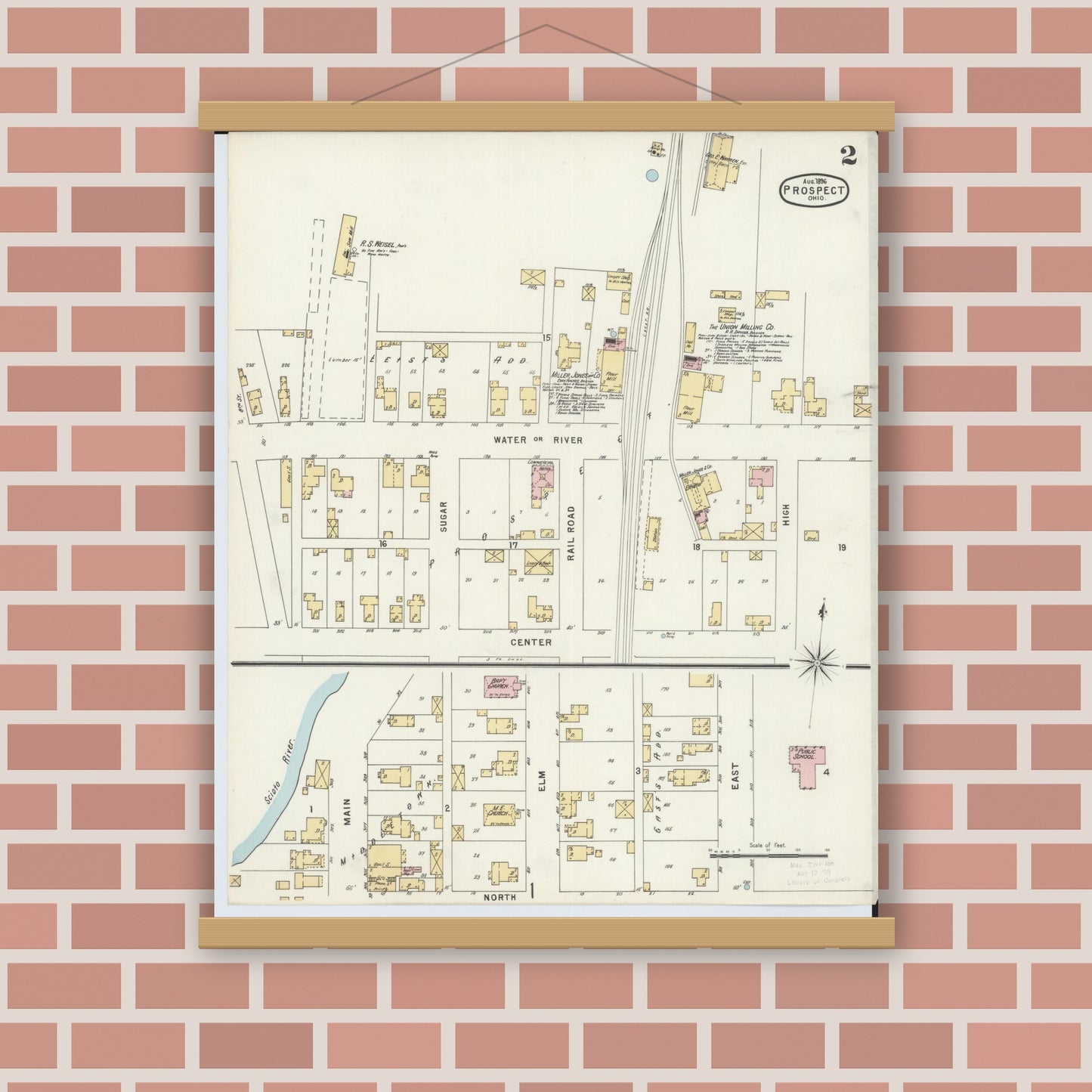 Old map wall art mockup — magnetic wood frame on brick wall — Sanborn Fire Insurance Map from Prospect, Marion County, Ohio (1896), Sheet #0002