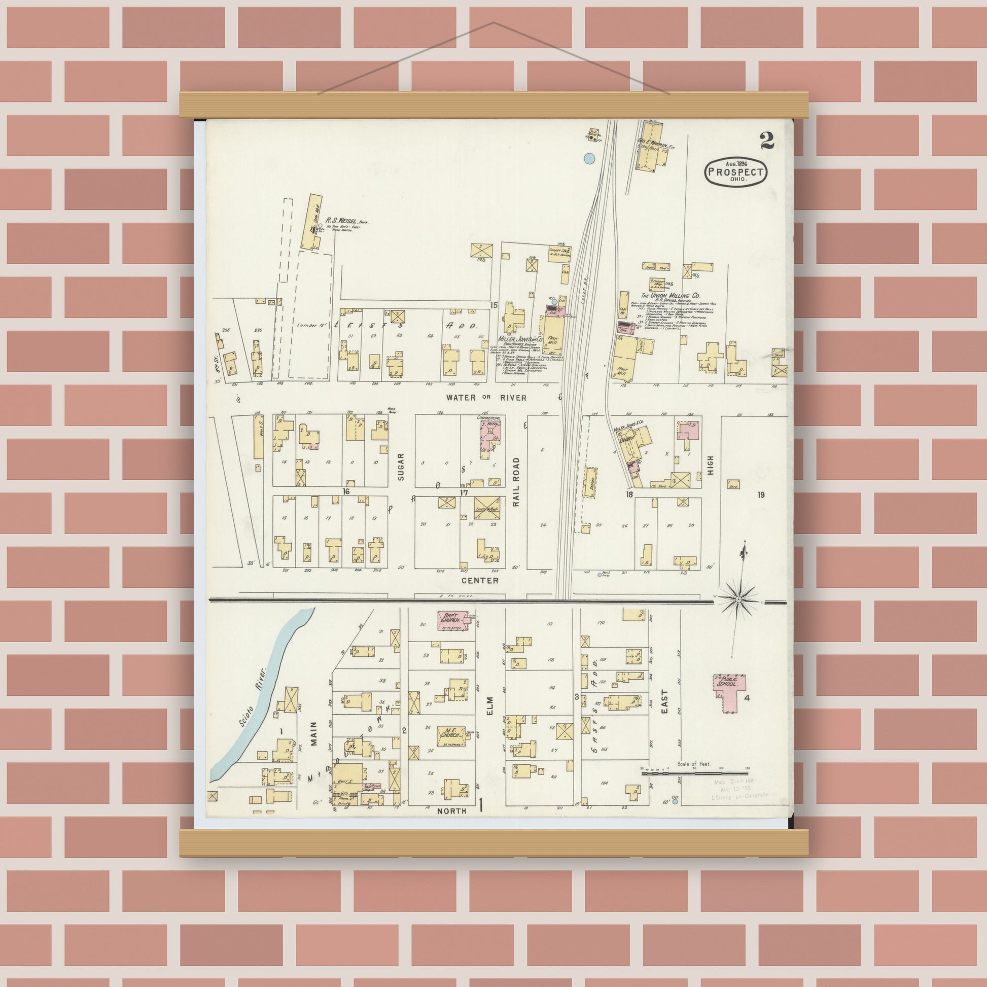 Old map wall art mockup — magnetic wood frame on brick wall — Sanborn Fire Insurance Map from Prospect, Marion County, Ohio (1896), Sheet #0002