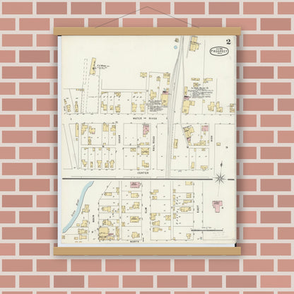 Old map wall art mockup — magnetic wood frame on brick wall — Sanborn Fire Insurance Map from Prospect, Marion County, Ohio (1896), Sheet #0002