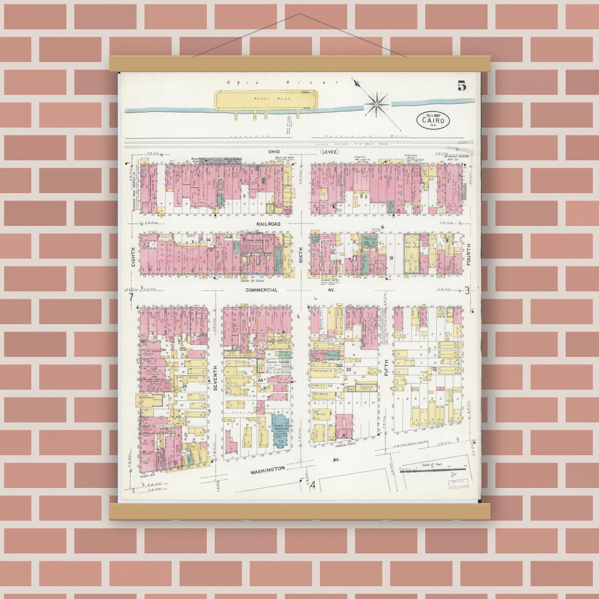 Old map wall art mockup — magnetic wood frame on brick wall — Sanborn Fire Insurance Map from Cairo, Alexander County, Illinois (1907), Sheet #0005