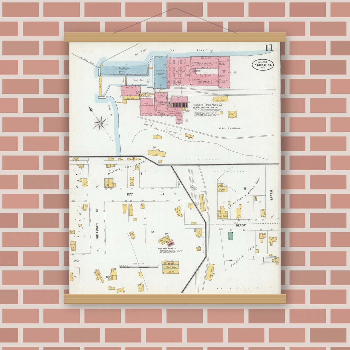 Old map wall art mockup — magnetic wood frame on brick wall — Sanborn Fire Insurance Map from Kaukauna, Outagamie County, Wisconsin (1900), Sheet #0011
