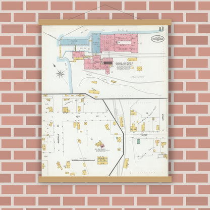 Old map wall art mockup — magnetic wood frame on brick wall — Sanborn Fire Insurance Map from Kaukauna, Outagamie County, Wisconsin (1900), Sheet #0011