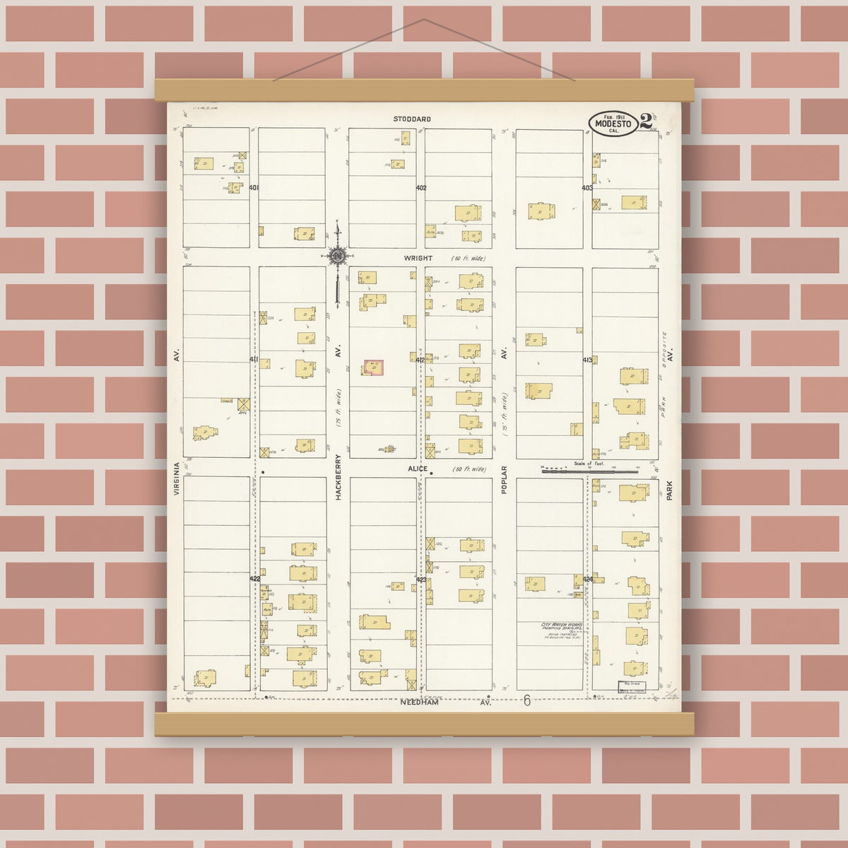 Old map wall art mockup — magnetic wood frame on brick wall — Sanborn Fire Insurance Map from Modesto, Stanislaus County, California (1911), Sheet #0002