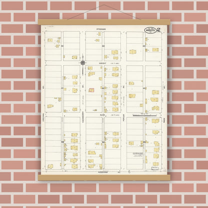 Old map wall art mockup — magnetic wood frame on brick wall — Sanborn Fire Insurance Map from Modesto, Stanislaus County, California (1911), Sheet #0002