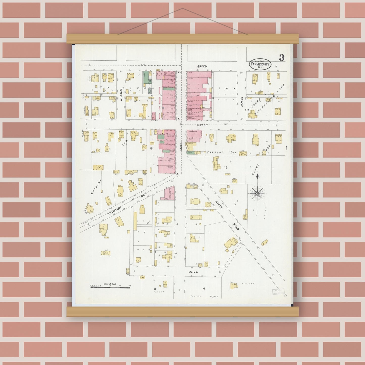 Old map wall art mockup — magnetic wood frame on brick wall — Sanborn Fire Insurance Map from Farmer City, De Witt County, Illinois (1906), Sheet #0003