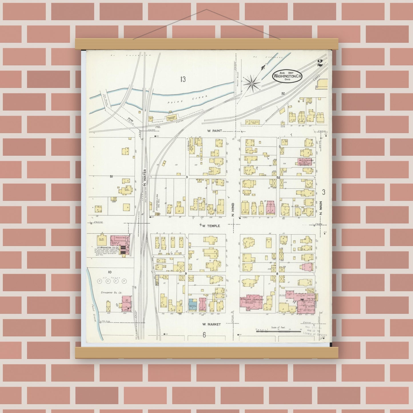 Old map wall art mockup — magnetic wood frame on brick wall — Sanborn Fire Insurance Map from Washington Court House, Fayette County, Ohio (1907), Sheet #0002