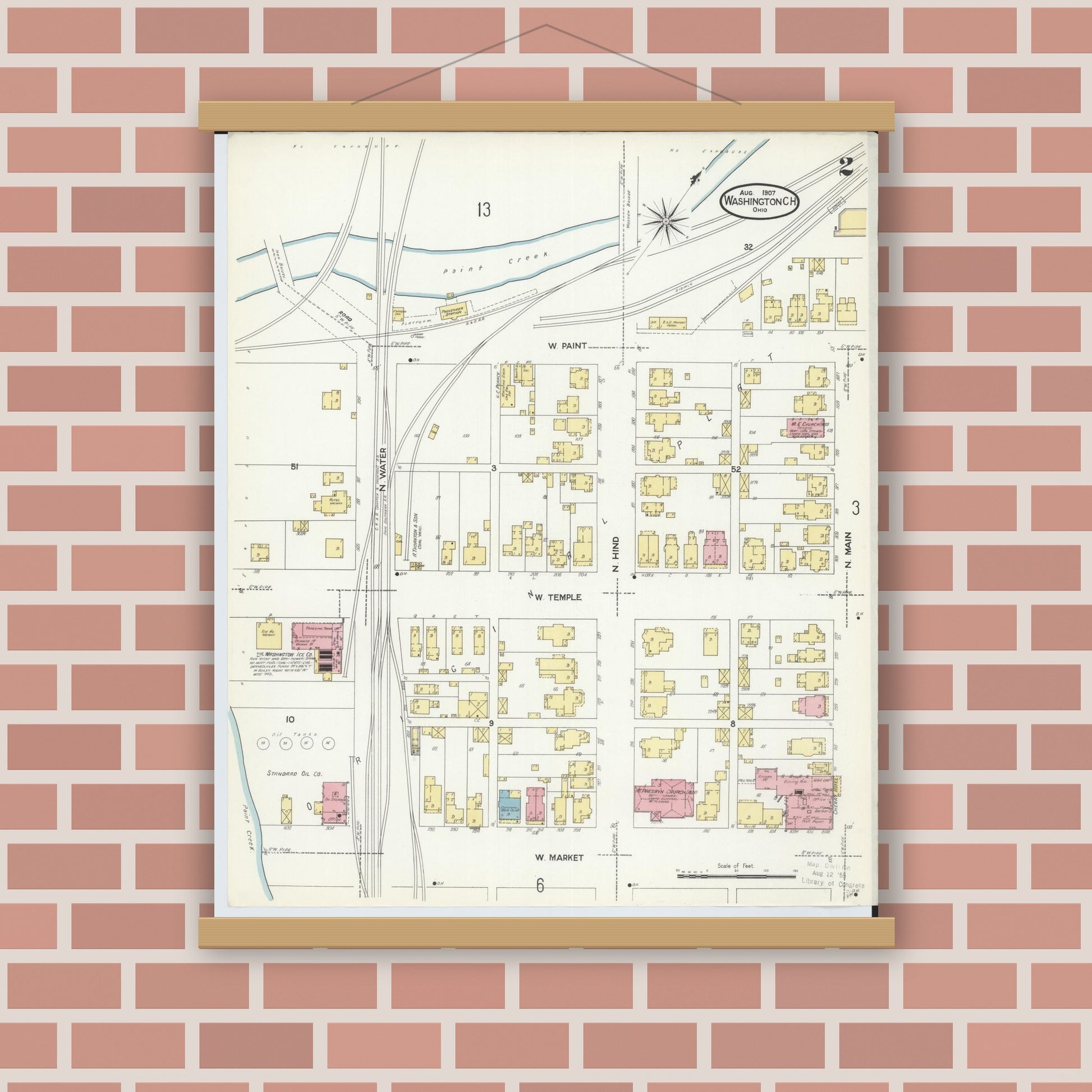 Old map wall art mockup — magnetic wood frame on brick wall — Sanborn Fire Insurance Map from Washington Court House, Fayette County, Ohio (1907), Sheet #0002