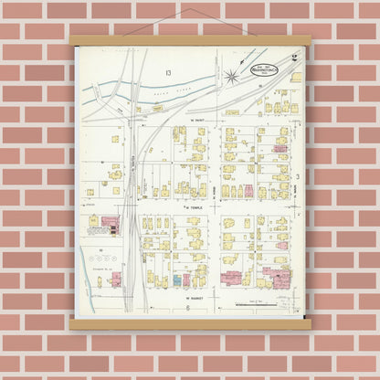 Old map wall art mockup — magnetic wood frame on brick wall — Sanborn Fire Insurance Map from Washington Court House, Fayette County, Ohio (1907), Sheet #0002