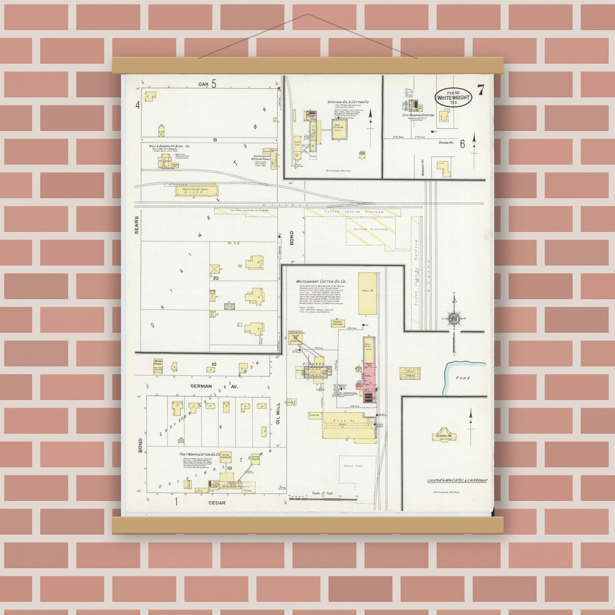 Old map wall art mockup — magnetic wood frame on brick wall — Sanborn Fire Insurance Map from Whitewright, Grayson County, Texas (1911), Sheet #0007